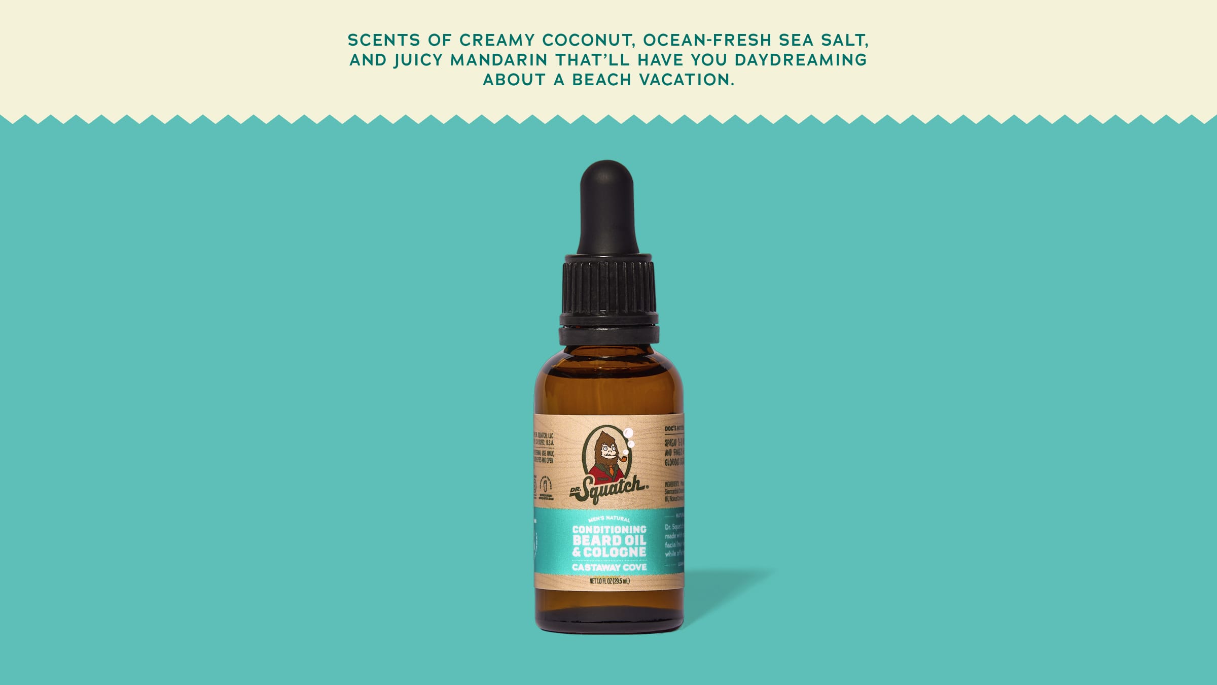 Brand and ingredient story panel for Dr. Squatch Castaway Cove Beard Oil & Cologne
