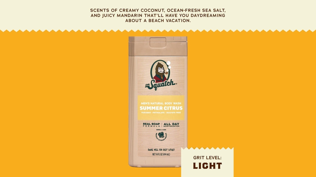 Brand and ingredient story panel for Dr. Squatch 14 oz Summer Citrus Body Wash
